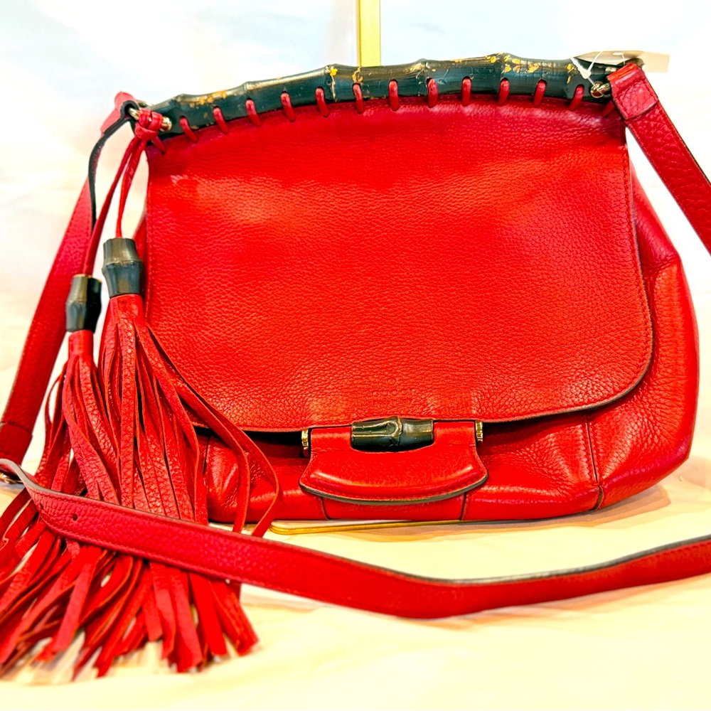 AUTHENTIC Cherry Red Gucci Bamboo Top Handle Hobo with two Tassels